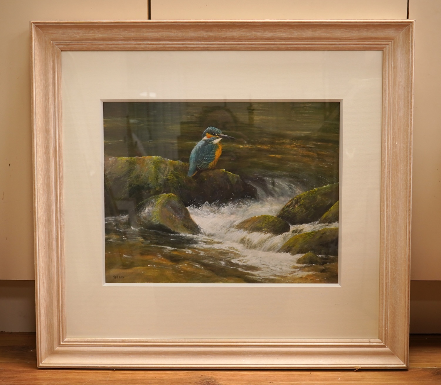 Neil Cox (b.1955), Study of a kingfisher beside a waterfall, signed, watercolour, 35 x 45cm